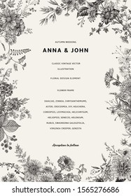 Vintage Floral Illustration. Wedding Invitation. Autumn. Black And White