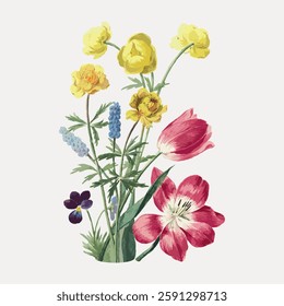 Vintage floral illustration with yellow, red, and purple flowers. Delicate flowers in a classic, botanical style. Flowers arranged in a charming bouquet. Vintage botanical illustration vector.