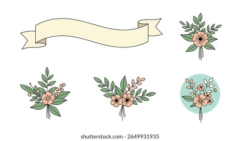 Vintage floral illustrations with decorative banner and greenery accents for design projects