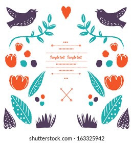 Vintage floral invitation with flowers and birds in vector