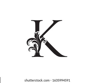 Vintage Floral K Letter Logo. Black K With Classy Leaves Shape design perfect for Boutique, Jewelry, Beauty Salon, Cosmetics, Spa, Hotel and Restaurant Logo. 