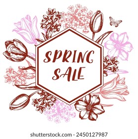 Vintage floral label with tulips and spring flowers. Hand drawn vector illustration