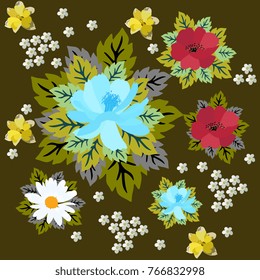 Vintage floral and leaves pattern in vector. Daisy, poppy, daffodil, yarrow and cosmos flowers isolated on dark brown background.