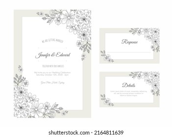 Vintage Floral line art hand drawn Wedding Invitation, vector design