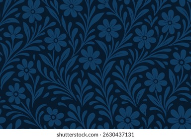 
Vintage floral line drawing on dark background. Seamless pattern for fashion design, fabric, wallpaper and all kinds of prints.