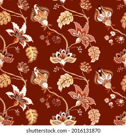 Vintage floral luxury seamless pattern, background. Whimsical flowers Jacobean, elegant style on red background