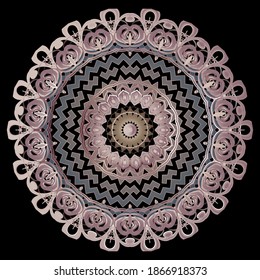 Vintage floral mandala pattern. Vector ornamental background. Tribal, ethnic style backdrop. Pink flowers, leaves, geometric shapes, circles, lines. Beautiful round ornament. Ornate zigzag design.