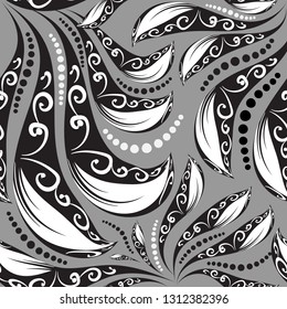 Vintage floral monochrome Paisley vector seamless pattern. Ornamental black and white ethnic style background. elegance hand drawn line art tracery ornament with paisley flowers, leaves, dots, circles