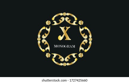Vintage floral monogram with the letter X. Exquisite gold three-dimensional logo. Luxury frame for business sign, label, boutique brand, hotel, restaurant, heraldry.