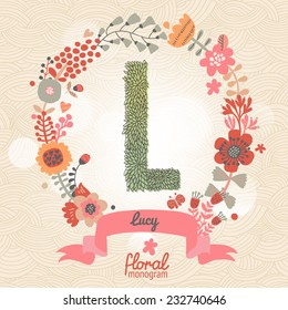 Vintage floral monogram made of green leafs and bright flowers in vector. Stylish letter L can be used for posters, cards, invitations, blogs, websites, backgrounds and any other stylish designs