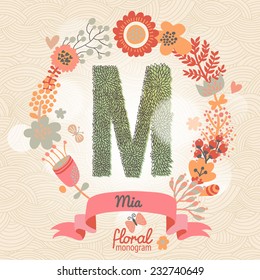 Vintage floral monogram made of green leafs and bright flowers in vector. Stylish letter M can be used for posters, cards, invitations, blogs, websites, backgrounds and any other stylish designs