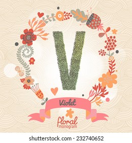 Vintage floral monogram made of green leafs and bright flowers in vector. Stylish letter V can be used for posters, cards, invitations, blogs, websites, backgrounds and any other stylish designs