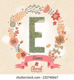 Vintage floral monogram made of green leafs and bright flowers in vector. Stylish letter E can be used for posters, cards, invitations, blogs, websites, backgrounds and any other stylish designs
