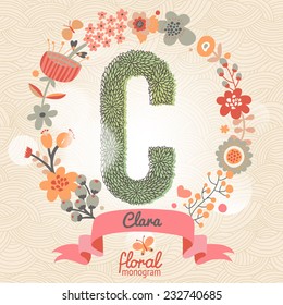 Vintage floral monogram made of green leafs and bright flowers in vector. Stylish letter C can be used for posters, cards, invitations, blogs, websites, backgrounds and any other stylish designs