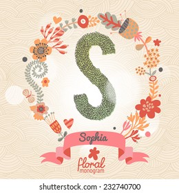 Monograma floral vintage hecho de hojas verdes y flores brillantes en el vector. La letra S de estilo se puede utilizar para carteles, tarjetas, invitaciones, blogs, sitios web, fondos y cualquier otro diseño elegante