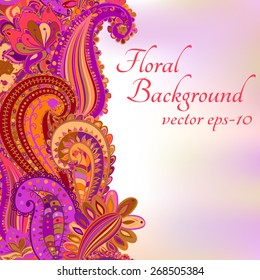 Vintage floral motif background. Ethnic ornament  invitation card on the blurry textures. Template pattern frame design for card.EPS-10 vector texture.