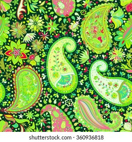 Vintage floral motif ethnic paisley seamless background. Abstract lace pattern. Ability to edit the colors, without losing seamlessly. Hand drawing colorful wallpaper. EPS-8 vector texture.