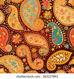 Vintage floral motif ethnic paisley seamless background. Abstract lace pattern. Ability to edit the colors, without losing seamlessly. Hand drawing colorful wallpaper. EPS-8 vector texture.