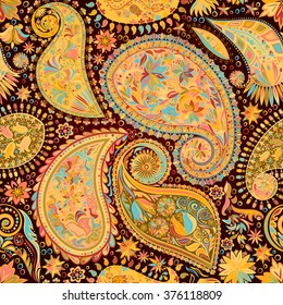 Vintage floral motif ethnic paisley seamless background. Abstract lace pattern. Ability to edit the colors, without losing seamlessly. Hand drawing colorful wallpaper. EPS-8 vector texture.