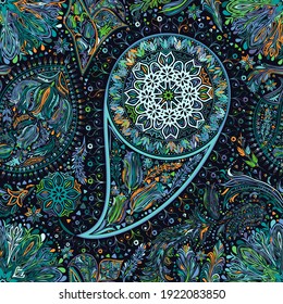 Vintage floral motif ethnic seamless background. Abstract lace pattern. Printable and Web colors. Hand drawing colorful mandala wallpaper. EPS10 vector pattern.