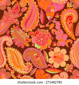 Vintage floral motif ethnic seamless background. Abstract pattern. Hand drawing colorful wallpaper. EPS-8 vector texture.