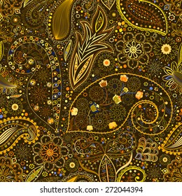 Vintage floral motif ethnic seamless background. Abstract lace pattern. Hand drawing colorful wallpaper. EPS-8 vector texture.