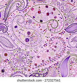 Vintage floral motif ethnic seamless background. Abstract lace pattern. Hand drawing colorful wallpaper. EPS-8 vector texture.