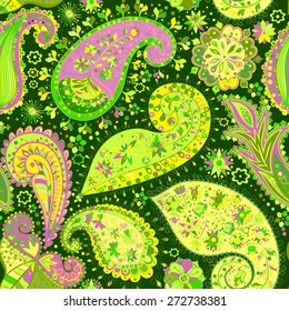 Vintage floral motif ethnic seamless background. Abstract lace pattern. Hand drawing colorful wallpaper. EPS-8 vector texture.