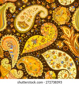 Vintage floral motif ethnic seamless background. Abstract lace pattern. Hand drawing colorful wallpaper. EPS-8 vector texture.
