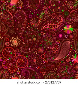 Vintage floral motif ethnic seamless background. Abstract lace pattern. Hand drawing colorful wallpaper. EPS-8 vector texture.
