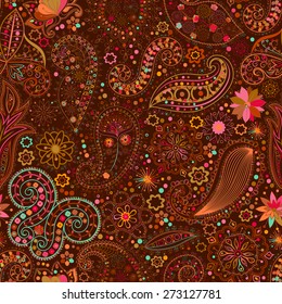 Vintage floral motif ethnic seamless background. Abstract lace pattern. Hand drawing colorful wallpaper. EPS-8 vector texture.