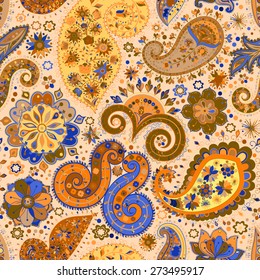 Vintage floral motif ethnic seamless background. Abstract lace pattern. Hand drawing colorful wallpaper. EPS-8 vector texture.