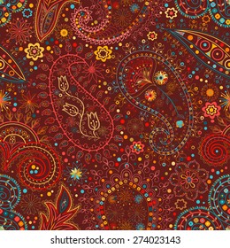 Vintage floral motif ethnic seamless background. Abstract lace pattern. Hand drawing colorful wallpaper. EPS-8 vector texture.