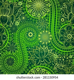 Vintage floral motif ethnic seamless background. Abstract lace pattern. Hand drawing colorful wallpaper. EPS-8 vector texture.