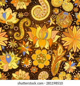 Vintage floral motif ethnic seamless background. Abstract lace pattern. Hand drawing colorful wallpaper. EPS-8 vector texture.