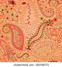 Vintage floral motif ethnic seamless background. Abstract lace pattern. Hand drawing colorful wallpaper. EPS-8 vector texture.