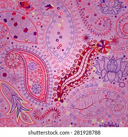Vintage floral motif ethnic seamless background. Abstract lace pattern. Hand drawing colorful wallpaper. EPS-8 vector texture.