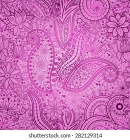 Vintage floral motif ethnic seamless background. Abstract lace pattern. Hand drawing colorful wallpaper. EPS-8 vector texture.