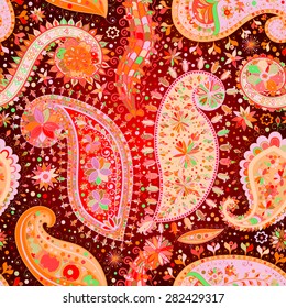 Vintage floral motif ethnic seamless background. Abstract lace pattern. Hand drawing colorful wallpaper. EPS-8 vector texture.