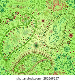 Vintage floral motif ethnic seamless background. Abstract lace pattern. Hand drawing colorful wallpaper. EPS-8 vector texture.