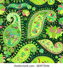 Vintage floral motif ethnic seamless background. Abstract lace pattern. Hand drawing colorful wallpaper. EPS-8 vector texture.