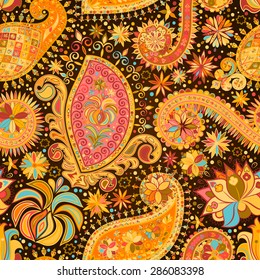 Vintage floral motif ethnic seamless background. Abstract lace pattern. Hand drawing colorful wallpaper. EPS-8 vector texture.