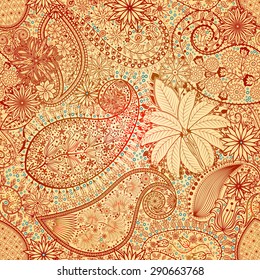 Vintage floral motif ethnic seamless background. Abstract lace pattern. Hand drawing colorful wallpaper. EPS-8 vector texture.