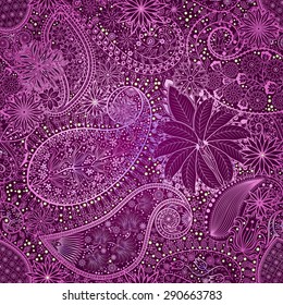 Vintage floral motif ethnic seamless background. Abstract lace pattern. Hand drawing colorful wallpaper. EPS-8 vector texture.
