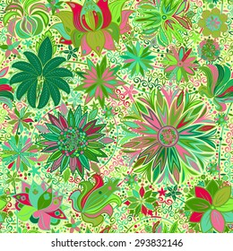 Vintage floral motif ethnic seamless background. Abstract lace pattern. Hand drawing colorful wallpaper. EPS-8 vector texture.