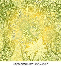 Vintage floral motif ethnic seamless background. Abstract lace pattern. Hand drawing colorful wallpaper. EPS-8 vector texture.