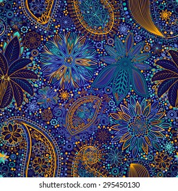 Vintage floral motif ethnic seamless background. Abstract lace pattern. Hand drawing colorful wallpaper. EPS-8 vector texture.
