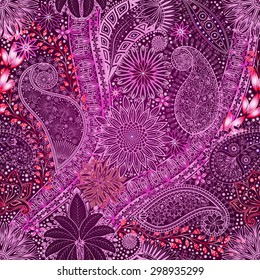 Vintage floral motif ethnic seamless background. Abstract lace pattern. Hand drawing colorful wallpaper. EPS-8 vector texture.