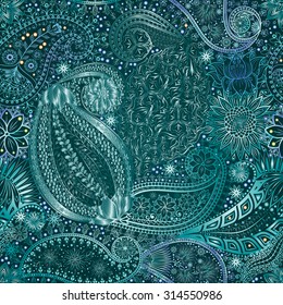Vintage floral motif ethnic seamless background. Abstract lace pattern. Ability to edit the colors, without losing seamlessly. Hand drawing colorful wallpaper. EPS-8 vector texture.