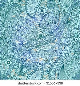 Vintage floral motif ethnic seamless background. Abstract lace pattern. Ability to edit the colors, without losing seamlessly. Hand drawing colorful wallpaper. EPS-8 vector texture.